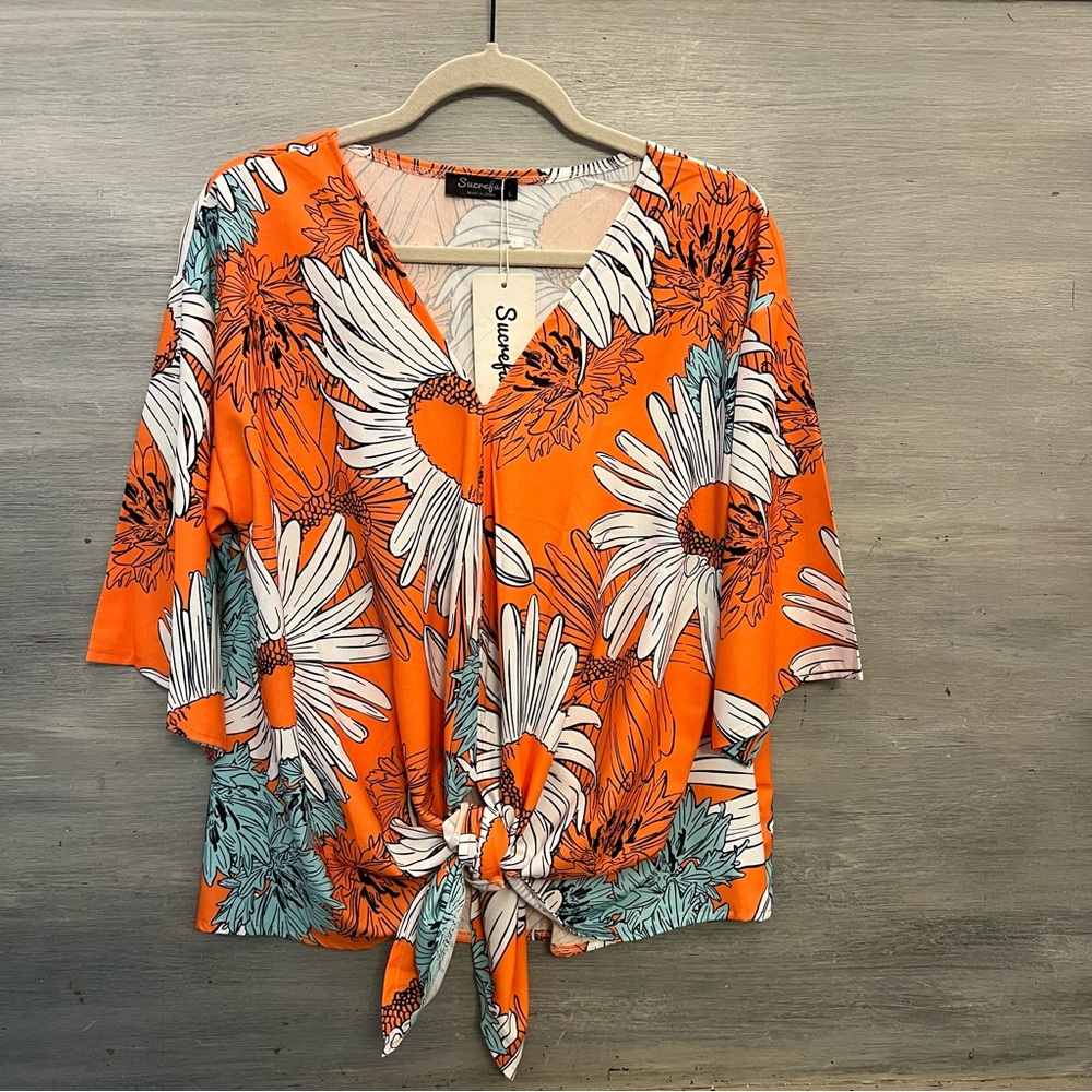 Sucrefas Orange Large Daisy Print Front Tie Short Sleeve Blouse Large NWT - Picture 1 of 7